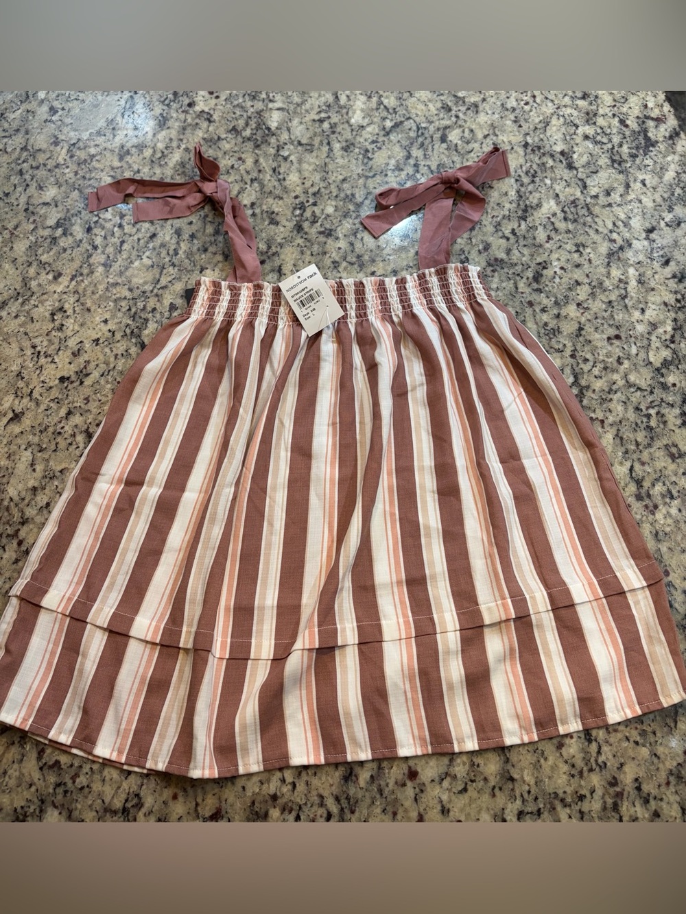 Bobeau mauve and beige vertical striped flutter blouse with ribbon tie straps